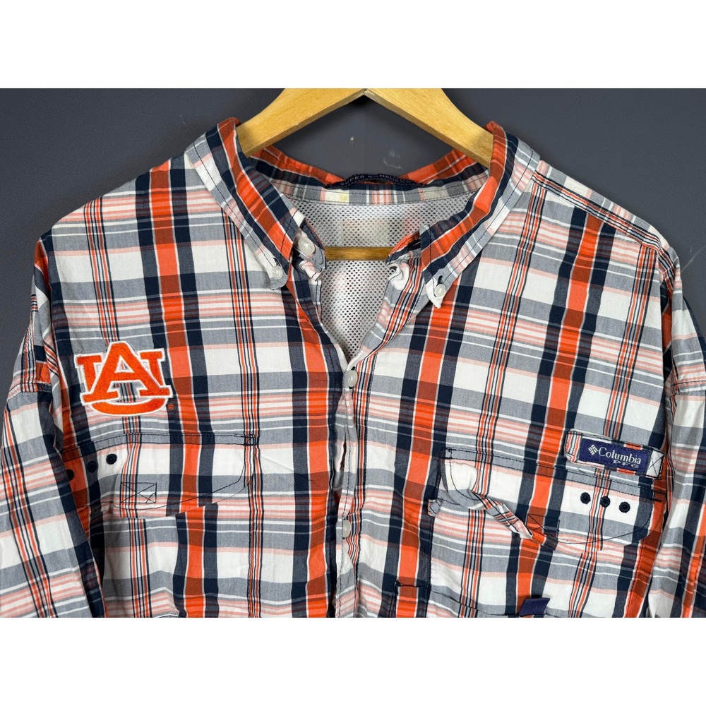 Columbia PFG Auburn Tigers Super Bonehead Fishing Shirt Mens XL Plaid Orange